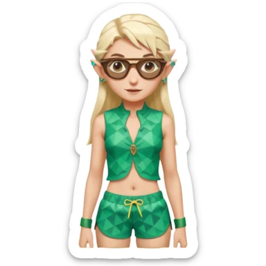 elf female legolas portrait, patterned board shorts (geometric/abstract), unique wooden-framed sunglasses, undercut hairstyle, slight smirk, visible pointy ears, no background, centered emoji, hipster summer vibe coctails  sticker
