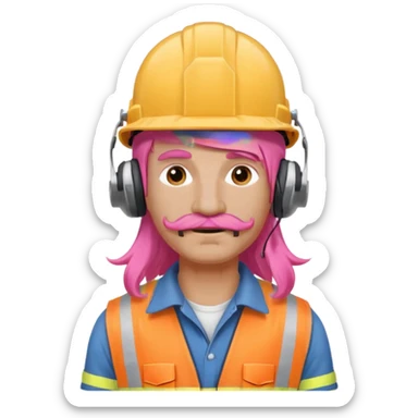 construction worker with long pink hair and headphones and mustache sticker