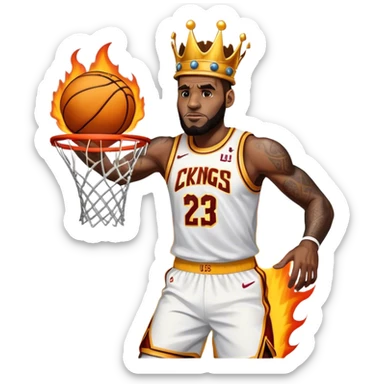 Make LeBron James wearing a kings crown and dunking a basketball into a basketball hoop with fire and smoke below him sticker