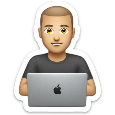 software engineer (white male, brown buzz cut hair, white gold earrings) in front of laptop, apple-style sticker