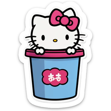A trash bin that says GOODBYEEEE with hello Kitty in it sticker