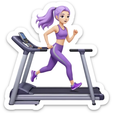 Девушка белокожая на беговой дорожке, с длинными светло-лиловыми волосами, в лиловом топе, в серых спортивных штанах, с черными ресницами sticker