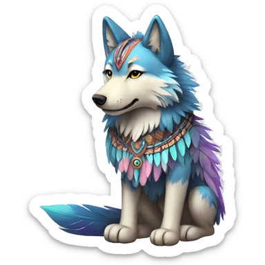 Fluffy Shy Colorful Spiritual Shamanic Wolf With Shiny Tribal Markings wearing feathers Full Body sticker