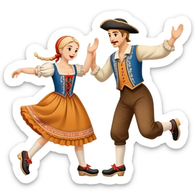 Cinematic Realistic scene of two performers executing the Klompendans, dressed in traditional Dutch costumes complete with wooden clogs and detailed folk patterns, captured in lively motion with soft, natural lighting sticker