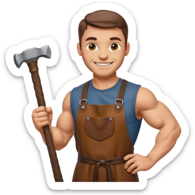 Emoji portrait of a Celtic blacksmith. Work clothes, muscular arms, holding a hammer and wearing a leather apron. sticker