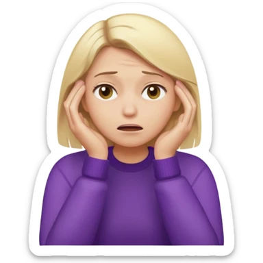 Emoji-style illustration of a frustrated young woman, smooth, shiny, perfectly styled blonde hair, wearing a purple sweater, holding her face in her hands, expressing annoyance and disappointment, cartoonish, expressive, simple lines, flat colors, clear silhouette sticker