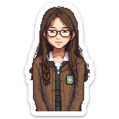 An Asian girl with thin glasses and long layered brown hair sticker