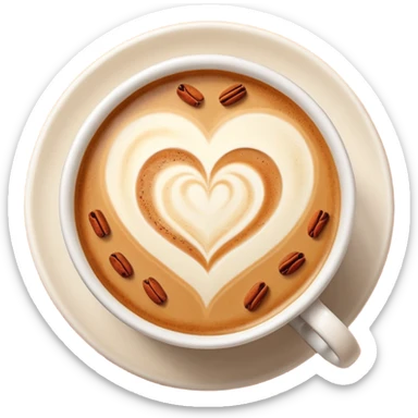 Top-down view of latte art in a heart shape, in a round pumpkin mug, with cinnamon sprinkle flecks. sticker
