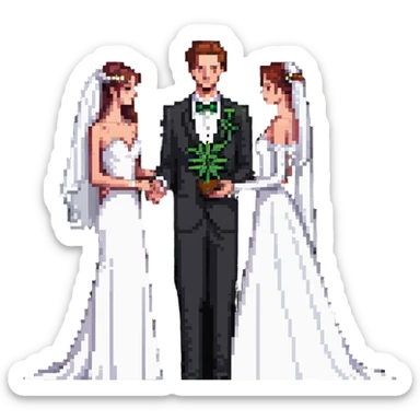 A bride in white wedding dress and groom in tuxedo, full body, sharing cannabis, wedding couple sticker