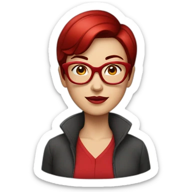 white woman with pixie cut dark red sleek hair and big red glasses wearing red clothes sticker