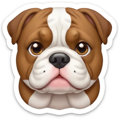 Cinematic Cute Brown and White English Bulldog Portrait Emoji, Head tilted playfully and inquisitively, featuring a glossy brown and white coat with distinct patches, round, sparkling brown eyes filled with curiosity, Simplified yet irresistibly adorable features, highly detailed, glowing with a warm, friendly glow, high shine, affectionate and charming, stylized with a touch of whimsy, bright and endearing, soft glowing outline, capturing the essence of a mischievous yet loving companion, so playful it feels like it could bound out of the screen and into your arms! sticker