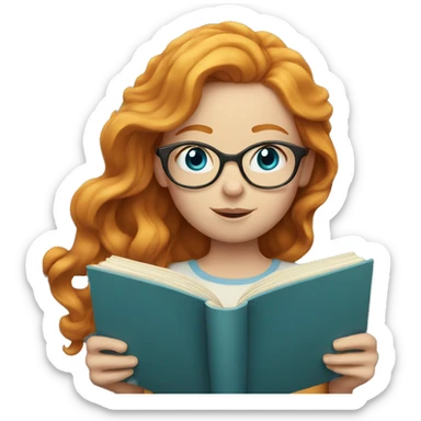 Ginger girl with light wavy hair and blue eyes reading sticker