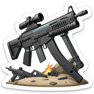 An icon showing hands gripping an assault rifle or pistol, inspired by Call of Duty Modern Warfare 2. The background features a battlefield with enemies in the distance, creating a tense and action-packed atmosphere. Transparent background highlights the focus on the weapon and combat. sticker