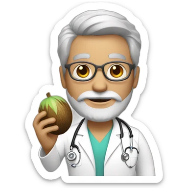 a doctor, full grey beard, white and grey short hair, holding a coconut on his hand sticker