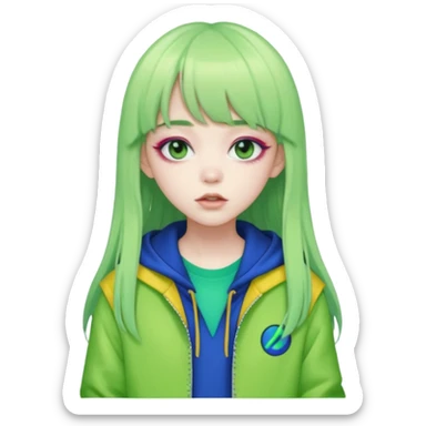  portrait-of-a-green alien-k-pop-idol,-wearing-a-stylish-streetwear-outfit-with-layered-colorful-clothing,-long-hair-with-bangs,-makeup,- sticker