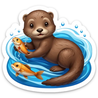 adorable otter floating on clearly visible blue water with waves, holding a fish sticker
