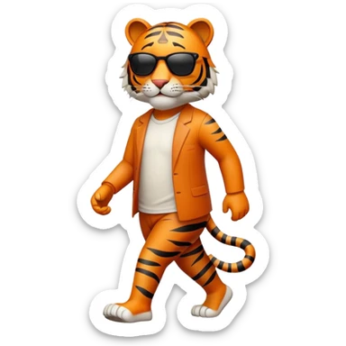 friendly anthropomorphised tiger in casual clothing, wearing dark sunglasses, walking upright in relaxed pose sticker