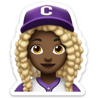 baseball card character. black girl. blonde locs. letter C logo. Purple and white uniform.  sticker