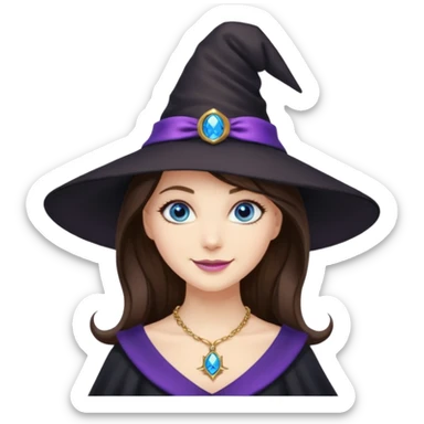 Witchy brunette haired blue eyed white girl with a witty smile a gold necklace and a black witch hat with a purple bow sticker