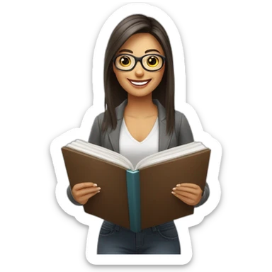 Mujer cabello corto çon lentes, sonriendo con un libro de marketing en la mano sticker