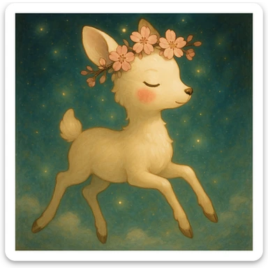Enhance this feminine adult vanilla cloud doe with rosy cheeks and cherry flowers, floating gracefully in a dreamy Ghibli style. Make the colors richer, the lines softer, and the cherry flowers more detailed. Add a magical glow and elegant highlights, keeping the look whimsical, refined, and enchanting. sticker