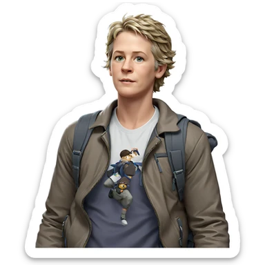 boy in jacket with backpack sticker