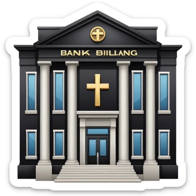 bank building with a cross over it, canceled bank sticker