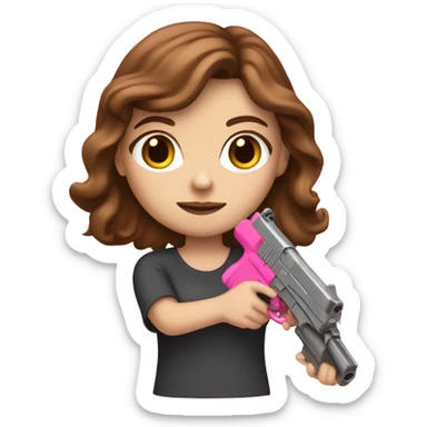 white girl with brown hair holding a pink gun  sticker