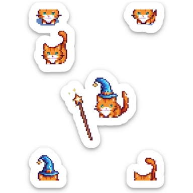 Orange cat with wizard hat and magic wand with sparkles sticker