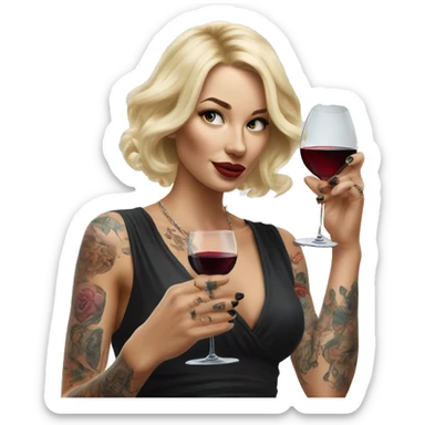 Blonde elegant women, her body covered with tattoos, wine in her one hand, pointing on you with her other hand , Hyper realistic sticker