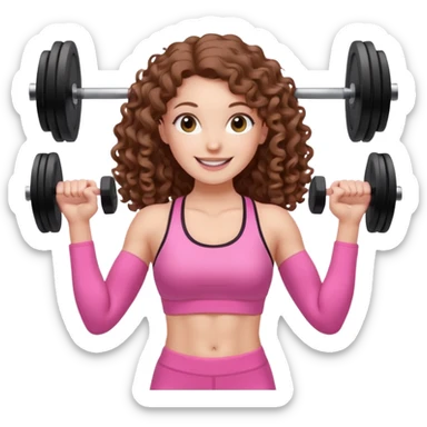 pale white girl with long brown curly hair weight training pink sticker