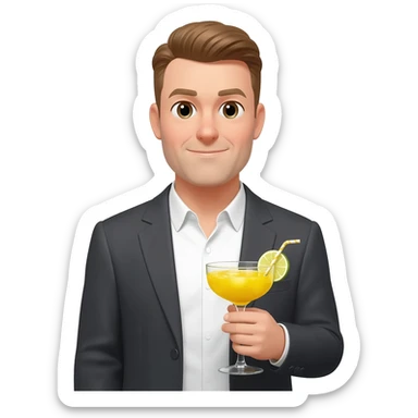 portrait of a man in a suit with a yellow cocktail sticker