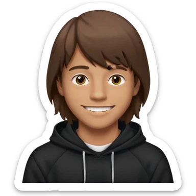 20 yr old man, brown hair, straight, big smile, white teeth, tanned skin, bangs, black hooded sweatshirt, long hair in back, middle parted bangs sticker