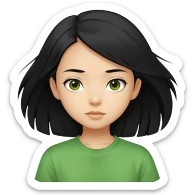 Girl with asian looking features, straight shoulder length black hair with slightly tanned skin,wearing a green t shir,dark brown eyes sticker