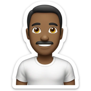 A man with black hair in a white T-shirt sticker