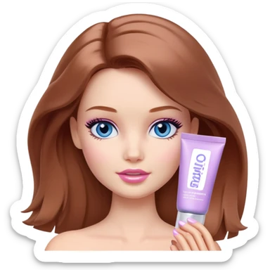 Barbie girl Chestnut Shoulder-length hair and blue eyes is In pale purple smears by hand cosmetic cream on her face sticker