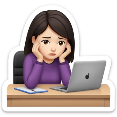  iOS emoji style - An sad and overwhelmed woman sitting at a desk with a laptop - She has dark hair. sticker