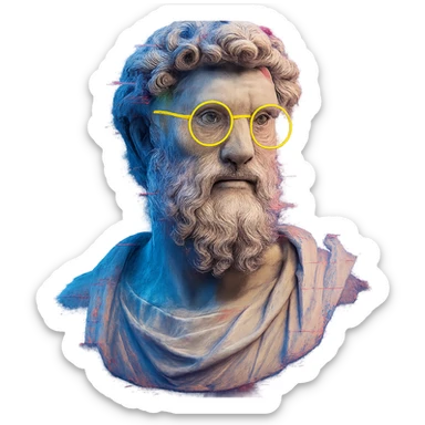 Greek marble bust, curly hair and beard, neon yellow round glasses, digital glitch effects, cyberpunk futuristic, centered, ultra-detailed, soft shadows, clean edges, transparent background sticker