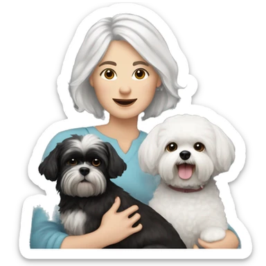 White women with short grey hair holding two dogs one black shih tzu and one white bichon frise sticker