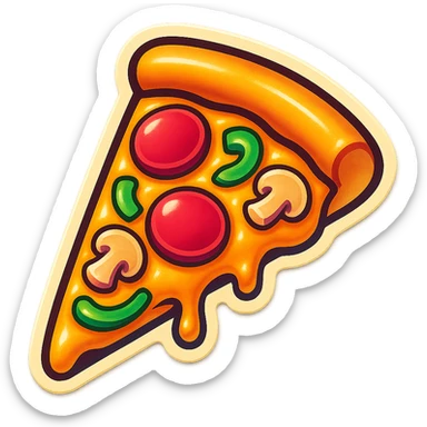 A pizza slice in retro stickers style, with colorful toppings and a playful design sticker