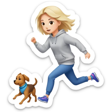 A beautiful girl with fair skin chases a dog in a sweatshirt sticker