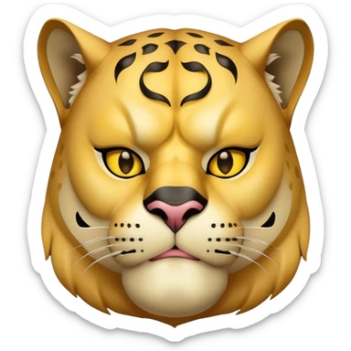 a fat man, with a vest,  wear half-face golden panther mask sticker