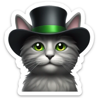 Black and grey fluffy cat green eyes with top hat  sticker