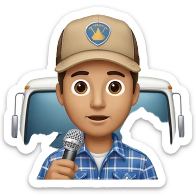 driver of a truck in front of a truck speaking to a microphone interview sticker