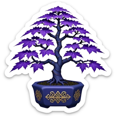  small short cascading black indigo bonsai pot plant purple  filigree-leaf maple tree with triangular angular multi-hexagon faceted asymmetrical originally shaped pot sticker