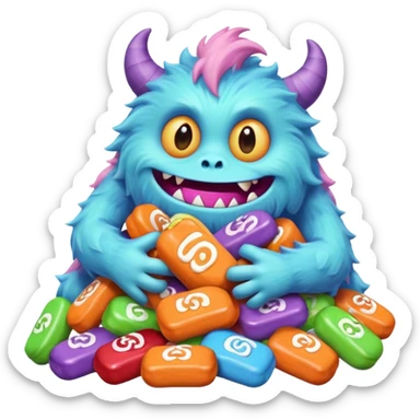 Candy Monster – a tiny pastel-colored monster hugging a pile of Halloween candy.  sticker