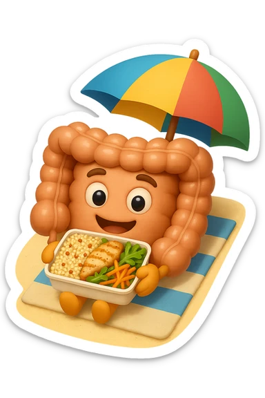 EMOJI STILE IPHONE DI INTESTINO IN SPIAGGIA SU UNA SPIAGGINA SOTTO L'OMBRELLONE CON IN MANO UNA SCHISCETTA DI Insalata di quinoa e pollo con rucola e carote, iperrealistica 4k sticker