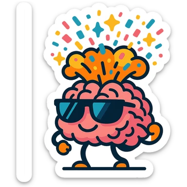 brain character in shades, upper part exploding in a cloud of confetti and sparkles sticker
