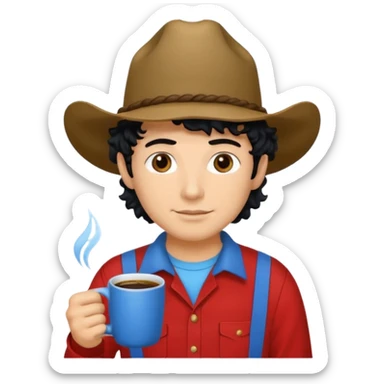 Ranch hand with blue hat and coffee mug, curly black hair, red shirt sticker