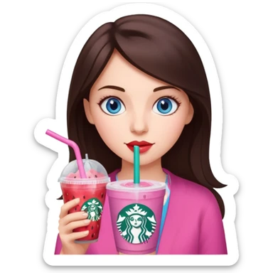 make an emoji of a brunette blue eye girl wearing pink drinking a strawberry acai refresher from starbucks sticker
